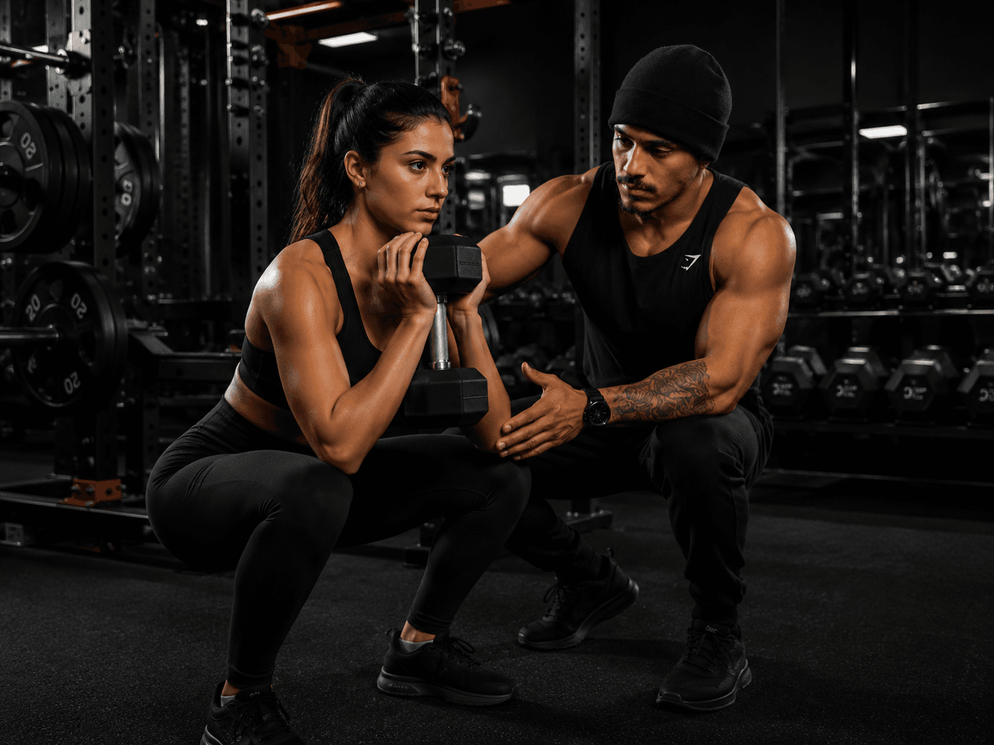 Reem coaching a female client during a squat