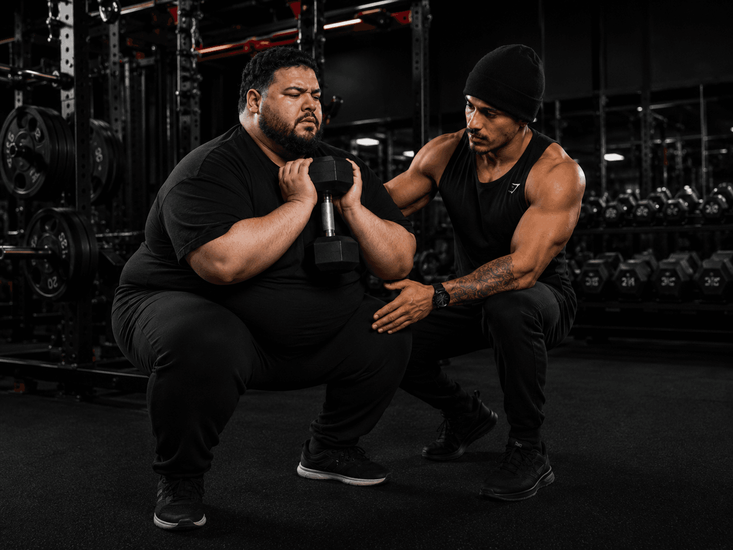 Reem coaching a male client in the gym