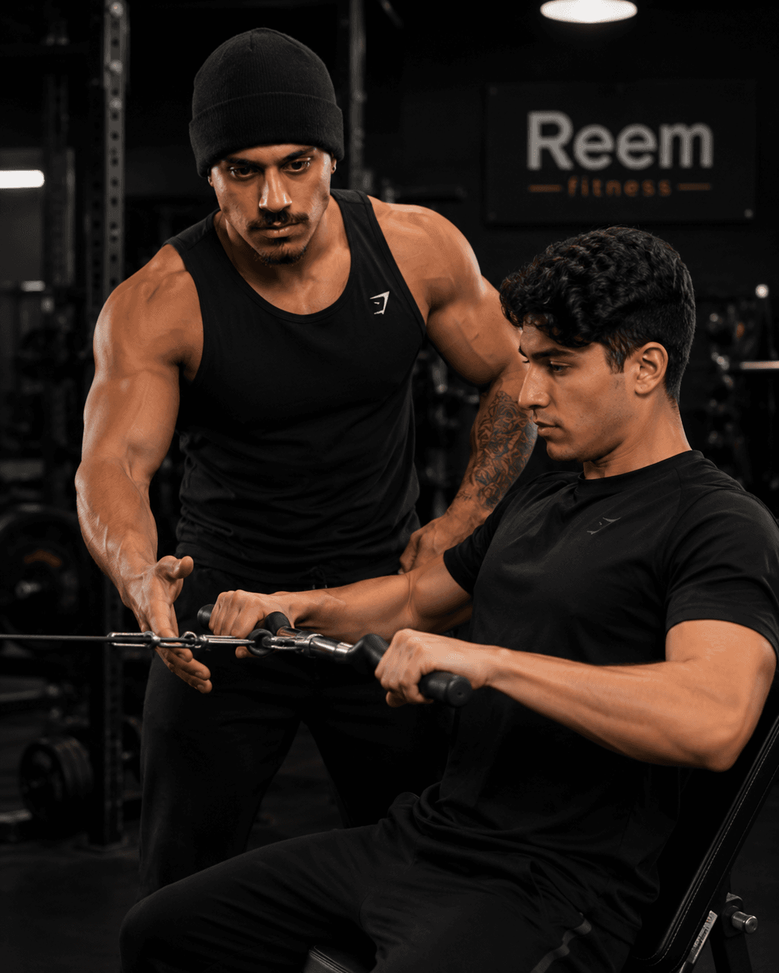 Reem coaching a client on a seated row machine
