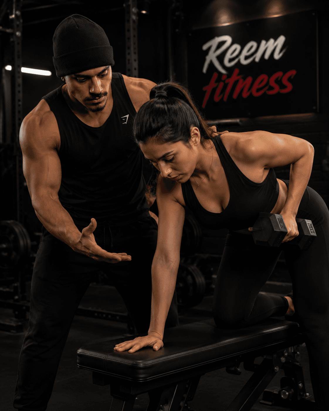 Reem coaching a client during a dumbbell row